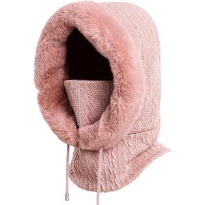 🆕 Women Pink Winter Balaclava Hat Ski Warm Thick Fluff Beanie Adult Neck Face